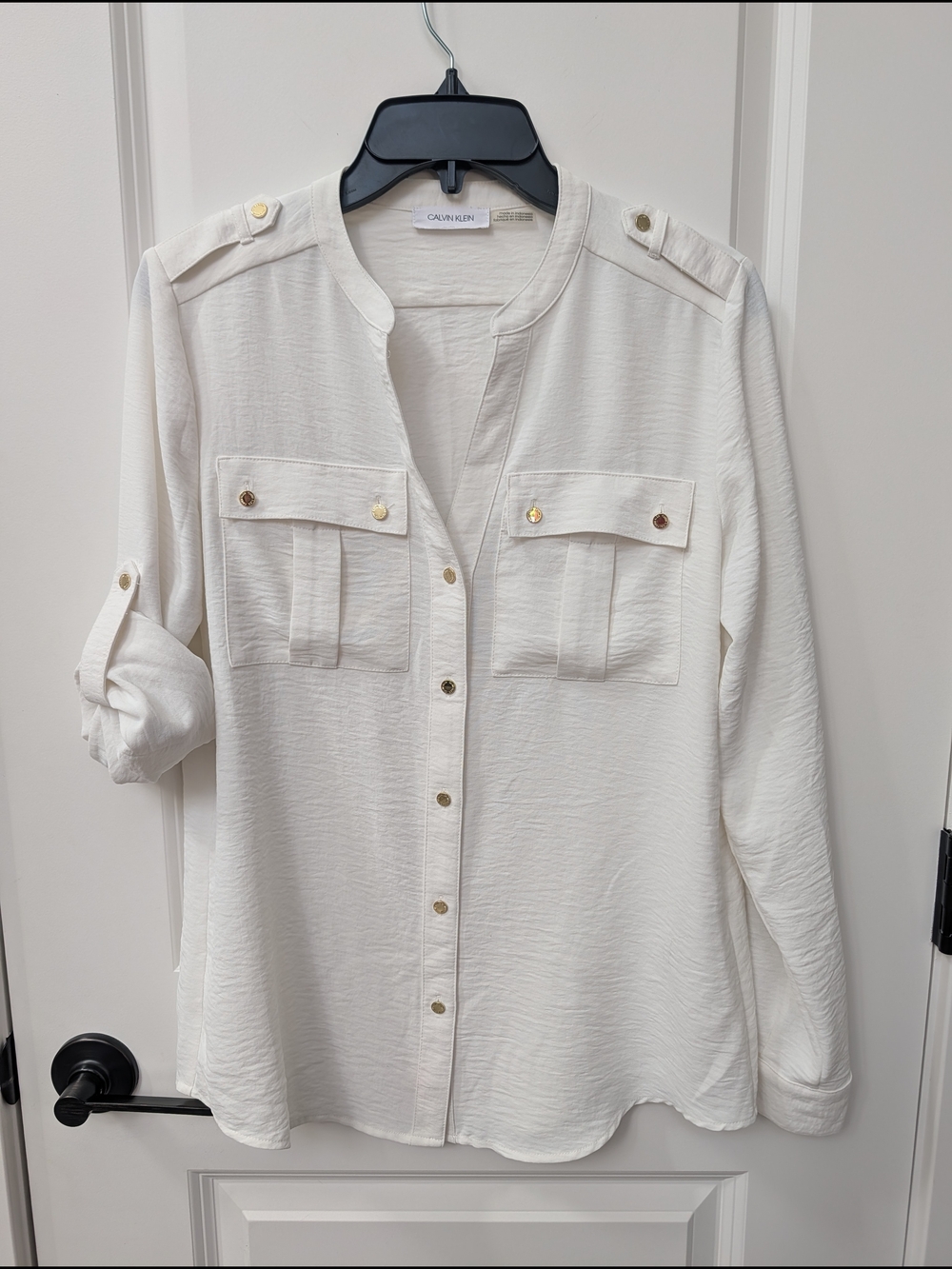 Calvin Klein Cream Button-Front Utility Blouse with Gold Accents